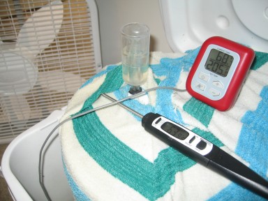 Using a towel and fan to keep fermentation temperatures down.